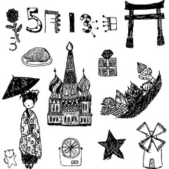 Hand-drawn doodles representing diverse cultures, including Japanese geisha, Russian architecture, traditional food, and symbolic objects, reflecting global heritage and travel.
