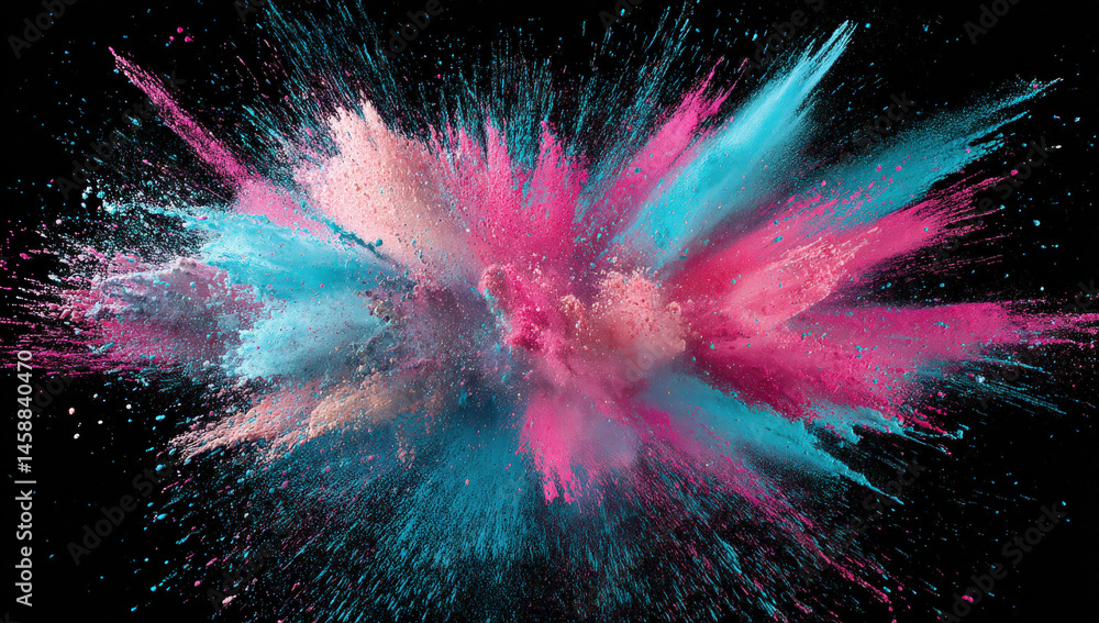 Aufkleber vibrant explosion of pink, teal, and peach powder against a stark black background, creating a dynam
