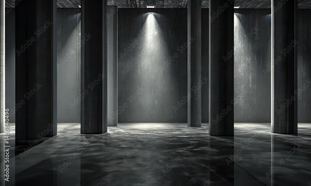 Poster a black warehouse with large columns and an empty floor, the scene is illuminated by spotlights, cre