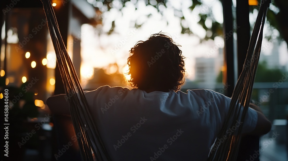 Poster silhouette of a man relaxing in a hammock at sunset, enjoying the warm golden light and peaceful atm