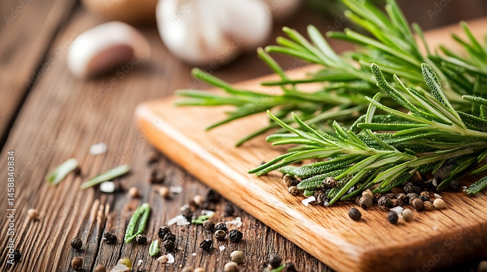 Poster fresh rosemary sprigs on rustic wooden board with peppercorns and garlic bulbs in the background, cr