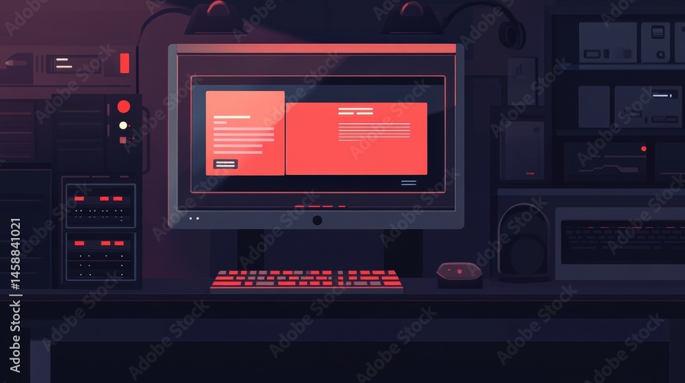Poster a computer screen showing a warning about a data breach attempt, with a strong firewall alert preven