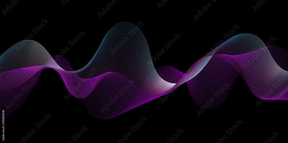 Poster abstract wave lines dynamic flowing neural network purple blue light isolated on black background.