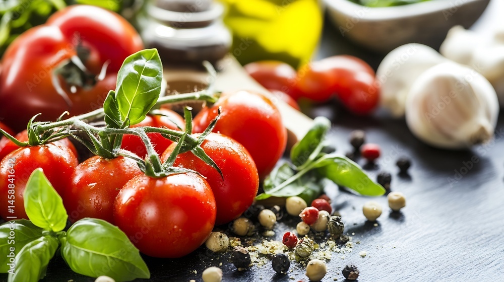 Poster close-up of ripe red tomatoes on the vine, accompanied by fresh basil leaves and a scattering of pep