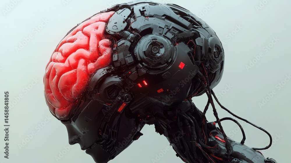 Aufkleber a conceptual image of artificial intelligence evolving, with a human brain merging with robotic elem