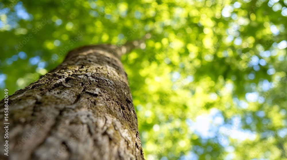 Fototapete Close-up view of tree bark texture, sunlight filtering through lush green foliage overhead, creating a bokeh effect in the background. : Generative AI