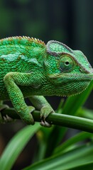 Obraz premium Green Chameleon on Branch Closeup