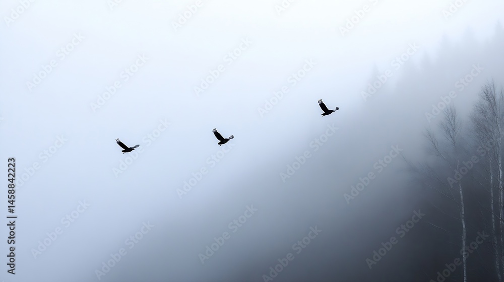 Poster three ravens fly in formation over a misty, fog-shrouded forest landscape, creating a serene and mys
