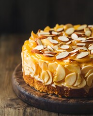 Fruit Cake with Almonds and Glaze on Rustic Wooden Table