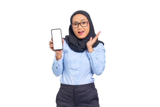 Portrait of surprised young Asian woman showing blank screen mobile phone isolated on transparent background