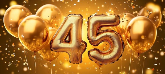 Golden Number 45 Balloon Celebrating a 45th Birthday or Anniversary With Festive Confetti