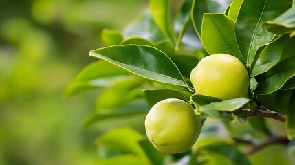 Two unripe limes hang from a branch, nestled amongst vibrant green leaves, bathed in soft sunlight.  The blurred background suggests a lush citrus grove. : Generative AI