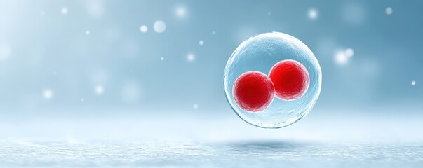 Microscopic 3D illustration showing an early stage of cell division, with a cell containing two nuclei against a soft blue background.

