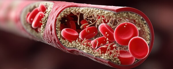clot formation process, Detailed view of blood vessels and red blood cells in circulation.