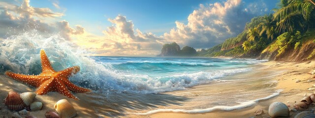 A beautiful beach scene with waves crashing on the shore, seashells scattered around, and a large orange starfish perched atop one of them.