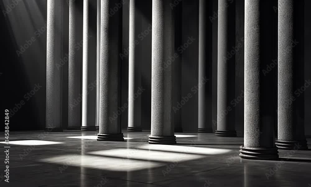 Poster a black warehouse with large columns and an empty floor, the scene is illuminated by spotlights, cre