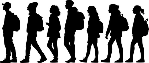 Walking People Silhouettes &ndash; Vector Illustration of Men and Women with Backpacks in Profile View, Isolated on White Background