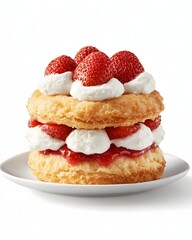 Isolated Delicious strawberry shortcake with whipped cream and fresh strawberries Served on a White Plate. 
