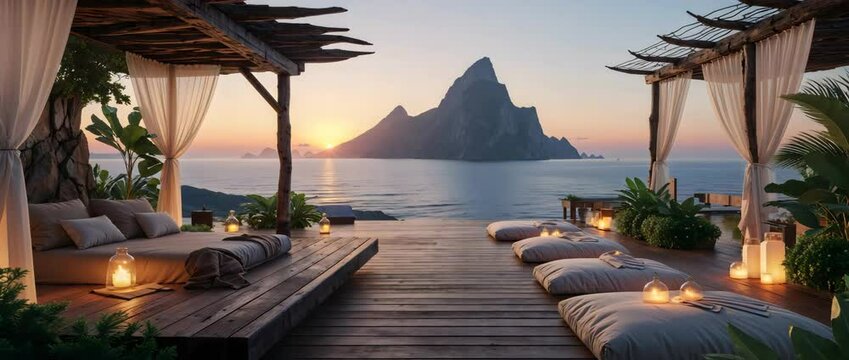 Sunset overlooking oceanfront cabana with luxurious relaxation and tranquil ambiance