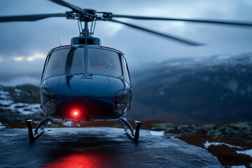 Obraz premium Helicopter preflight checks on a craggy mountain landscape at dusk