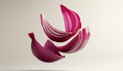 Red onion slices in mid-air, vibrant hues