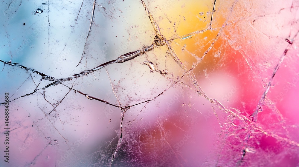 Poster abstract image of cracked glass or ice with pastel pink, blue, and yellow background. the texture sh