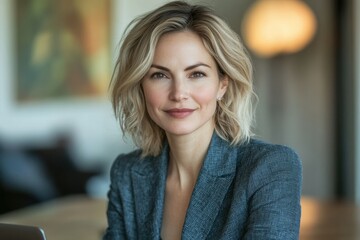 Obraz premium Portrait of a confident woman with blonde, wavy bob hairstyle, wearing a gray blazer.