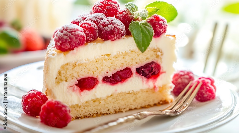 Poster a delicious slice of vanilla cake layered with raspberry preserves and topped with fresh raspberries