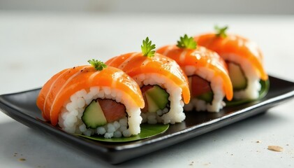 Elegant sushi arrangement, minimalist white backdrop, presentation, sashimi