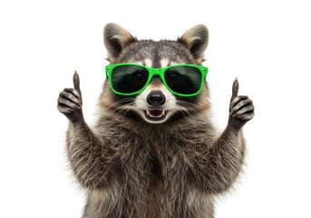 Fototapeta premium Cool Raccoon Wearing Green Sunglasses Thumbs Up Happy Animal fun cute funny white photo image mammal