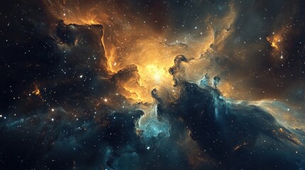 Obraz premium cosmic-inspired fluid texture with deep space blues, shimmering gold accents, and swirling galaxy-like formations