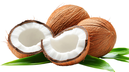 Fresh Tropical Coconuts with Green Leaves on White Background