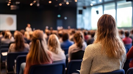 Fototapeta premium Attentive woman sits in audience at a business conference, listening intently to a speaker. Rows of people fill the modern conference hall. : Generative AI