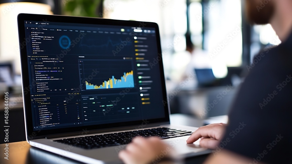 Poster A person uses a laptop displaying financial data charts and code, working in a modern office setting. The screen shows various graphs, highlighting market trends and programming detail : Generative AI
