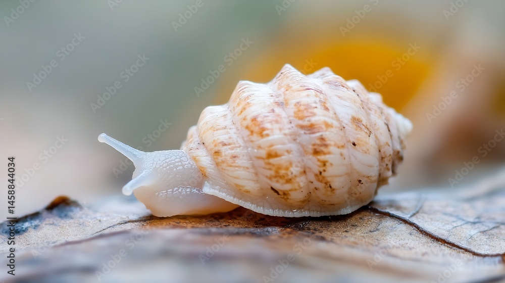 Aufkleber close-up of a small, light-colored snail with a spiral shell, crawling on a brown leaf in a blurred 