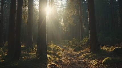 Fototapeta premium Sunlit Forest Path: A Mystical Morning in the Woods