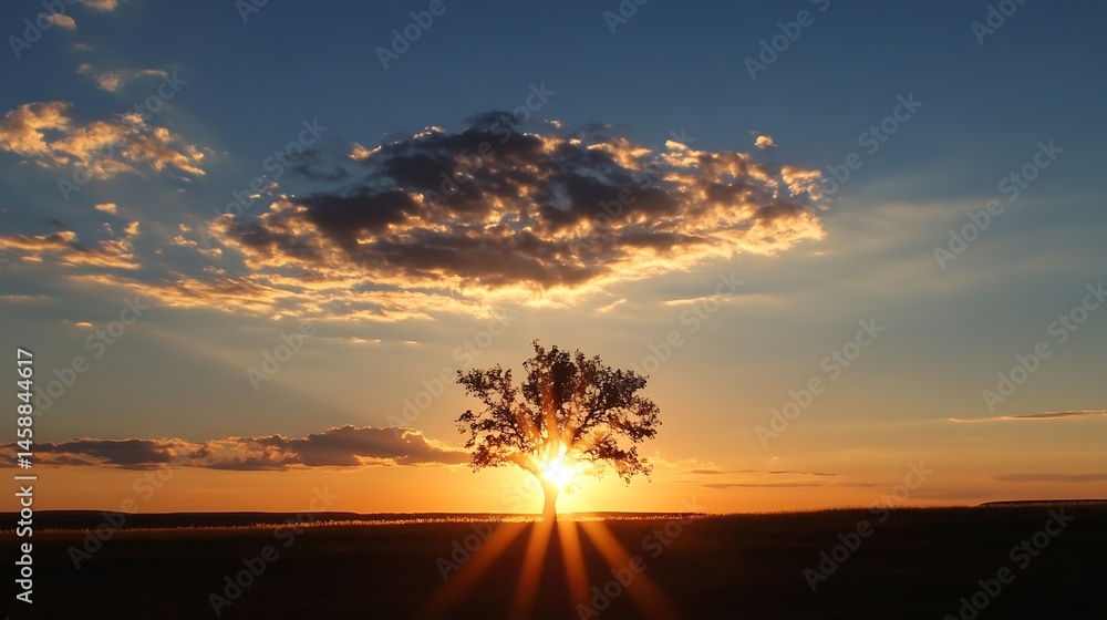 Poster silhouette of a lone tree standing in a field at sunset, with sun rays bursting through the clouds a