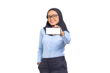 Portrait of smiling young Asian woman showing blank screen mobile phone isolated on transparent background