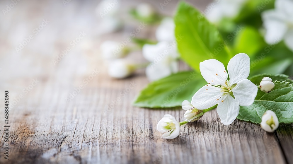 Poster delicate white cherry blossoms with green leaves rest on rustic wooden surface, creating a serene sp