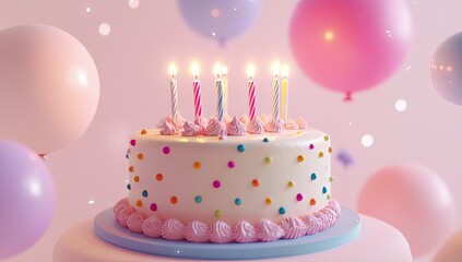A beautiful birthday cake with colorful polka dots and lit candles on top, set against a pastel pink background with balloons floating around it.
