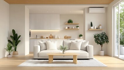 A modern living room with minimalist decor, neutral tones, indoor plants, and natural light flowing in from large windows.