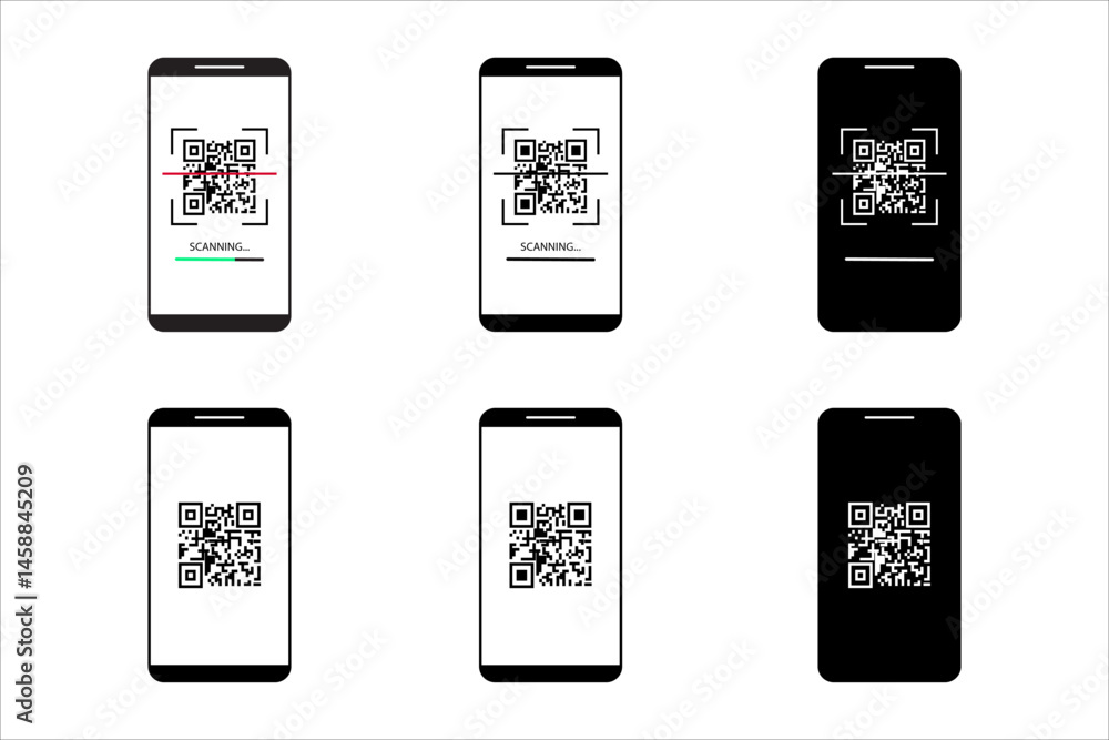 Poster scan qr code on smartphone line and silhouette icon set. payment scanner in mobile phone pictogram. 