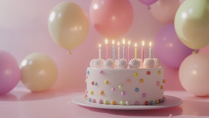 A beautiful birthday cake with colorful polka dots and lit candles on top, set against a pastel pink background with balloons floating around it.