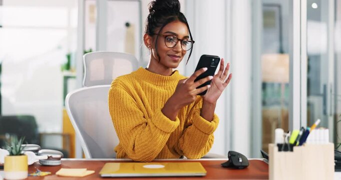 Office, businesswoman and scroll with mobile for chat, online communication and typing on app. Glasses, female person and designer on break with smartphone, text message and reading on social media