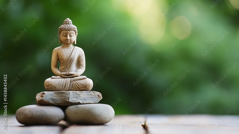 Poster serene buddha statue in meditation pose sits atop a stack of smooth grey stones against a blurred gr