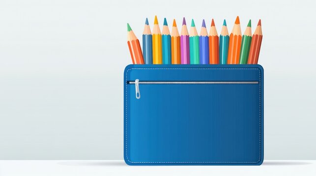 Colored pencils in blue case on minimal background