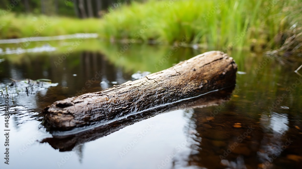 Poster a weathered log floats serenely in a calm forest stream, its dark brown surface reflecting the tranq