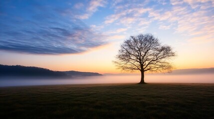 Fototapeta premium Solitary tree silhouetted against a breathtaking sunrise, mist clinging to the valley below, creating a serene and peaceful landscape. : Generative AI