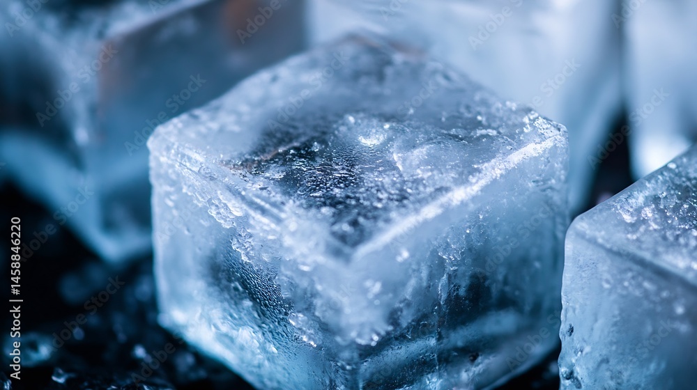 Leinwandbilder Close-up view of several translucent ice cubes, glistening with moisture, resting on a dark surface.  The image showcases the intricate texture and frozen water's crystalline structure : Generative AI