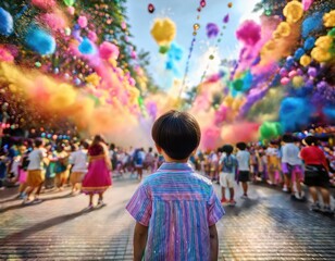 Obraz premium A child stands captivated by a lively celebration featuring colorful clouds and festive sounds.